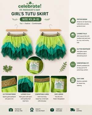 Celebrate! St. Patrick's Day Girls Multi-Layered Tulle Tutu Skirt Size XS (4-5)